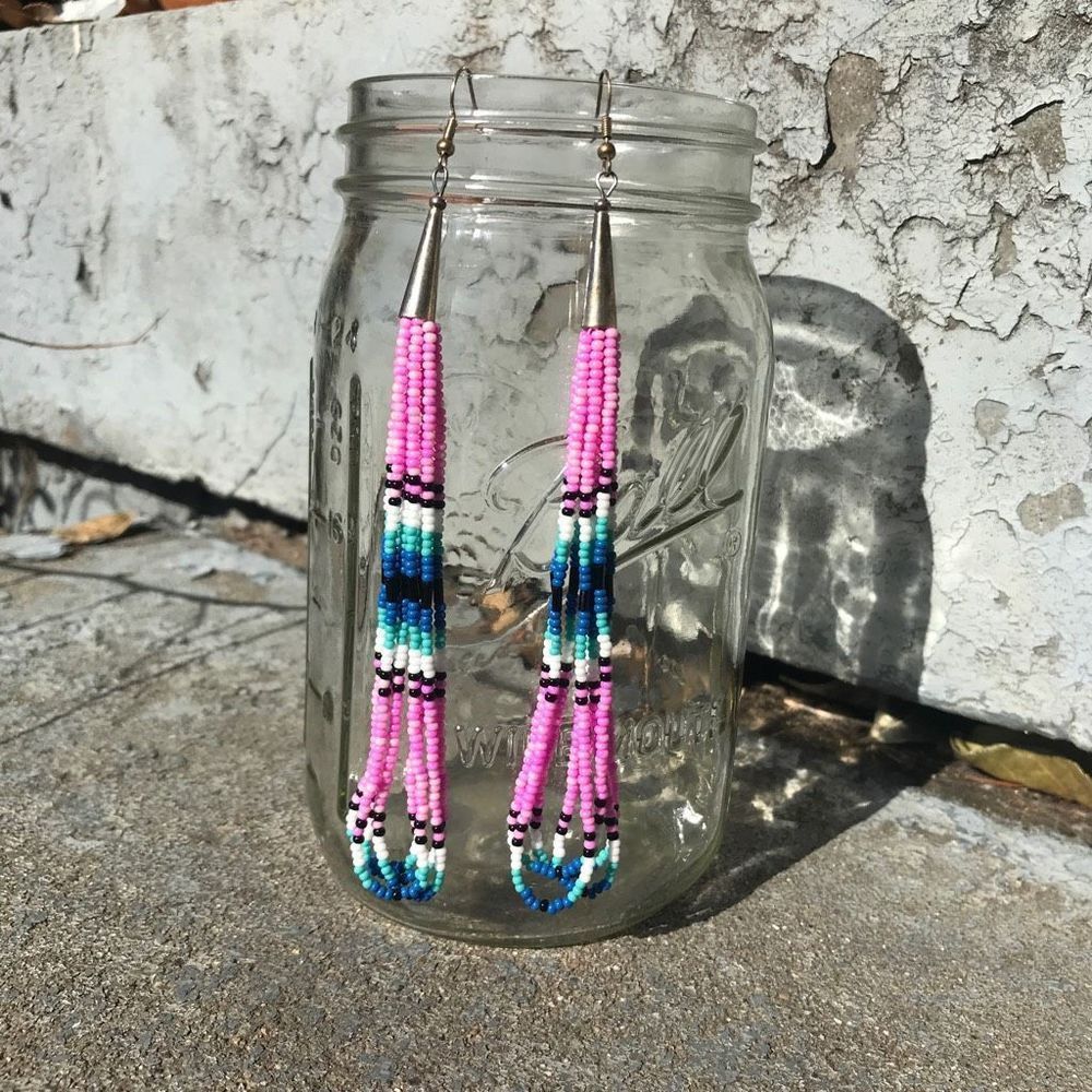Handmade Native American Beaded Long Drop Dangle Earrings